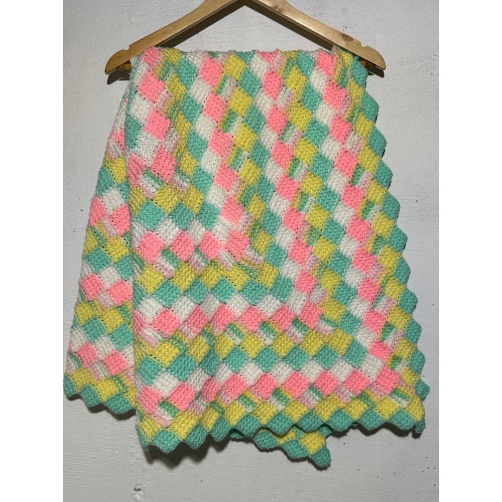 Vintage Handmade Crochet Baby Blanket Afghan Pastel Checkerboard 36x46 Pink Mint